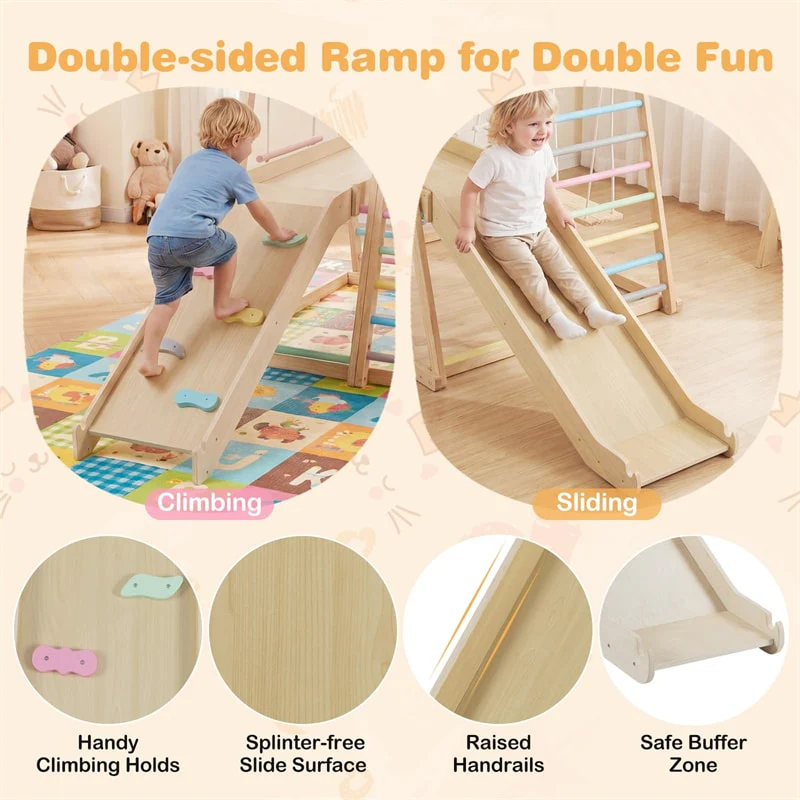 Eletriclife 8-in-1 Wooden Indoor Jungle Gym Montessori Climber Playset with Slide & Swing for Kids