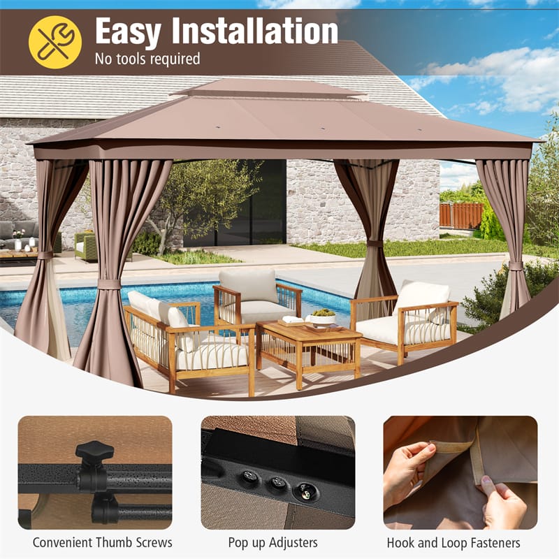 Eletriclife 10 x 13 FT Patio Gazebo Double-Roof Outdoor Canopy Tent with Mesh Netting & Privacy Curtains