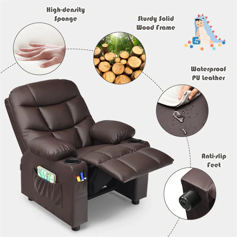 Eletriclife Kids Recliner Chair PU Leather Adjustable Lounge Sofa with Cup Holder