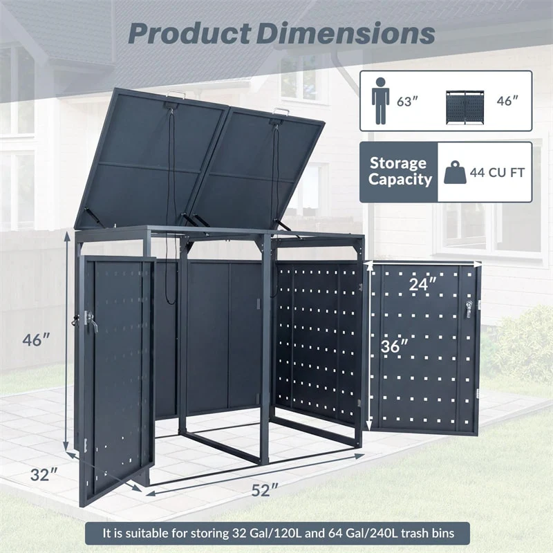 Eletriclife Outdoor Metal Garbage Bin Storage Shed for 2 Trash Cans with Gas Struts open