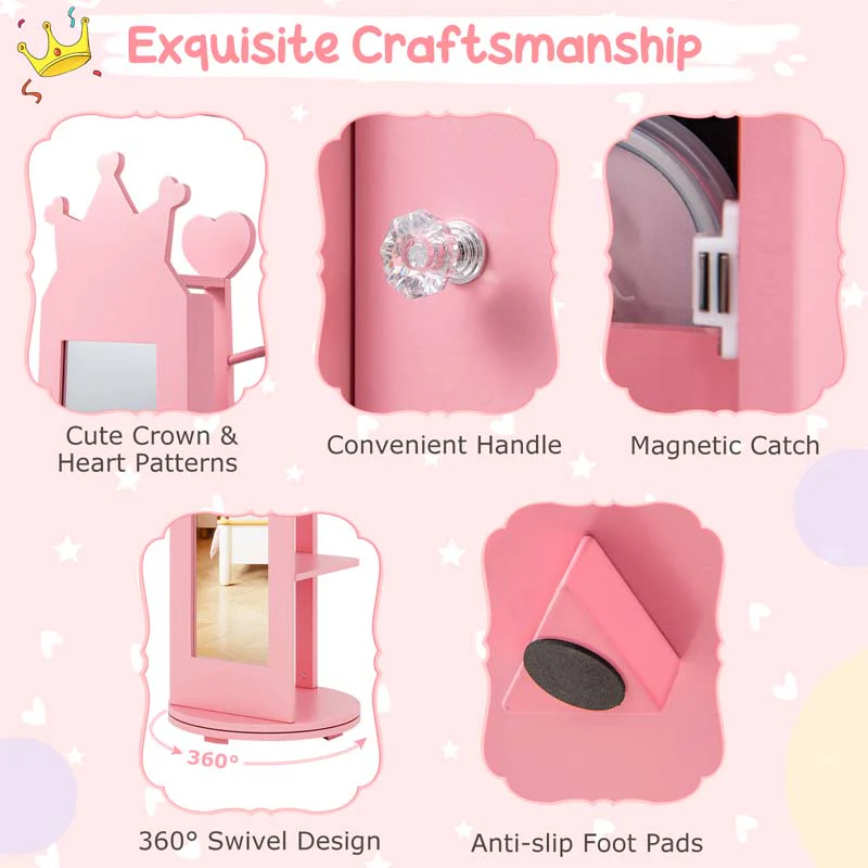 Eletriclife Kids Room Furniture Set Princess Vanity Table and Stool Set with Mirror and Drawer