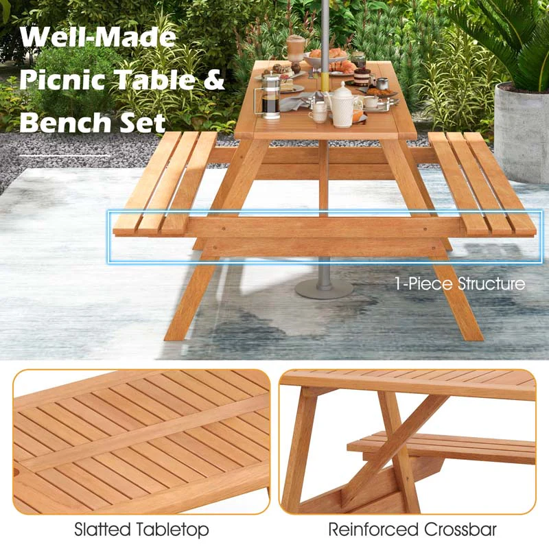 Eletriclife 6 Person Picnic Table Set Patio Rectangle with 2 Built-in Benches and Umbrella Hole