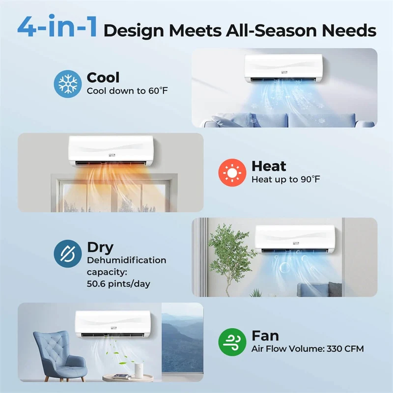 Eletriclife 9100 BTU 20.5 SEER2 115V Inverter Ductless Mini Split AC & Heat Pump System with Full Installation Kit