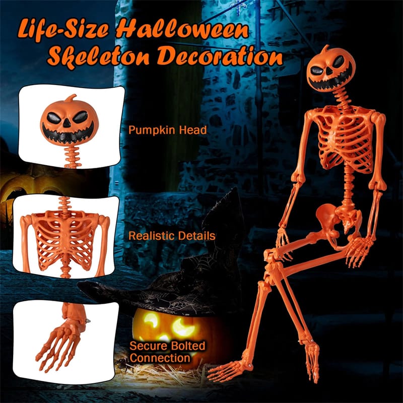Eletriclife 5.2 FT Orange Pumpkin Head Skeleton Life-Size Poseable Halloween Skeleton for Indoor Outdoor Decor