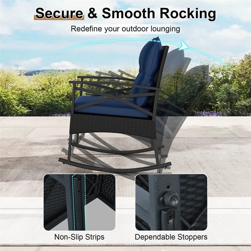 Eletriclife 3 Piece Rattan Rocking Bistro Set with Cushions & 2-Tier Glass Table for Porch, Balcony, Backyard