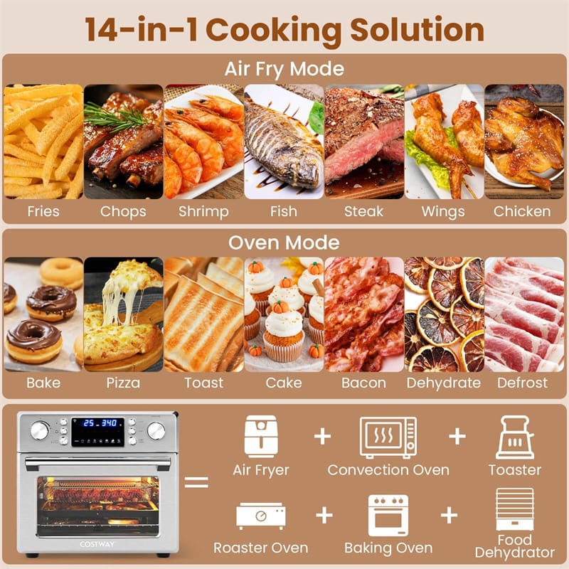 Eletriclife 14-in-1 Air Fryer Toaster Oven Combo 26QT Large Capacity 1700W Stainless Steel with Rotisserie & Dehydrate